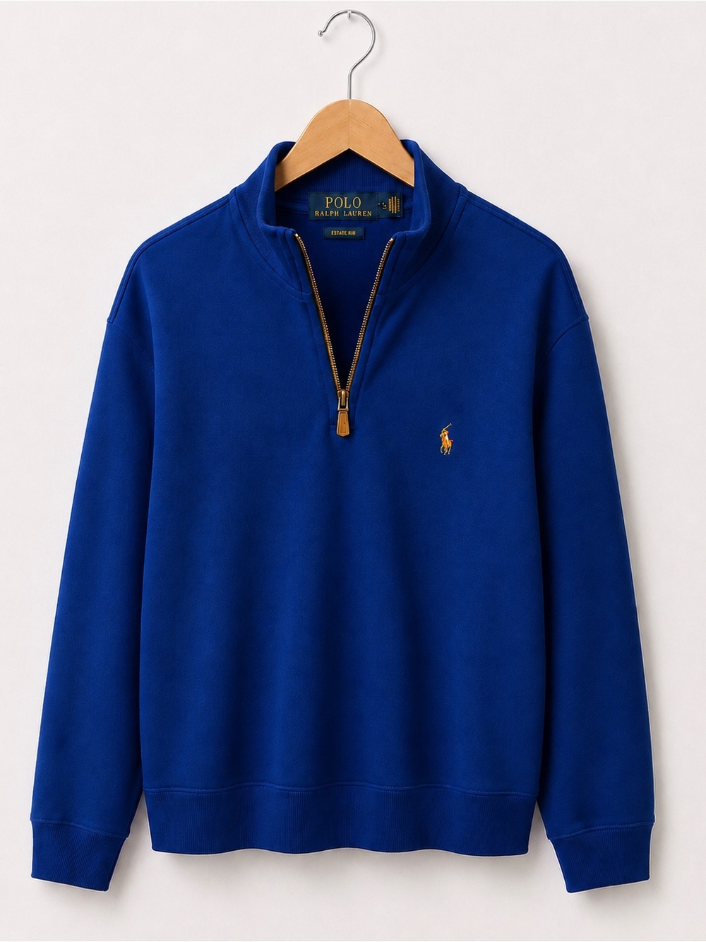 Polo Ralph Lauren Royal Blue Estate Rib Quarter Zip Cotton Micro Rib Sweater